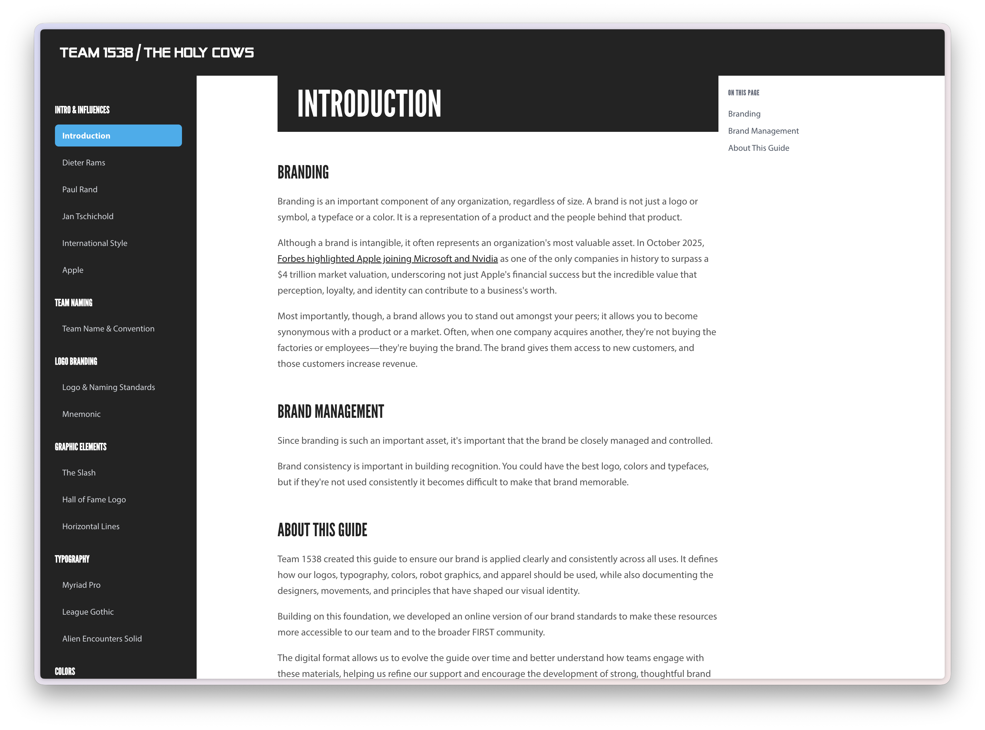 Preview of the Team 1538 Brand Standards site
