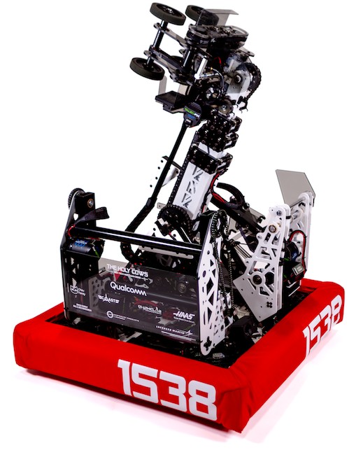 Team 1538 competition robot with team number, sponsor logos, and branding
