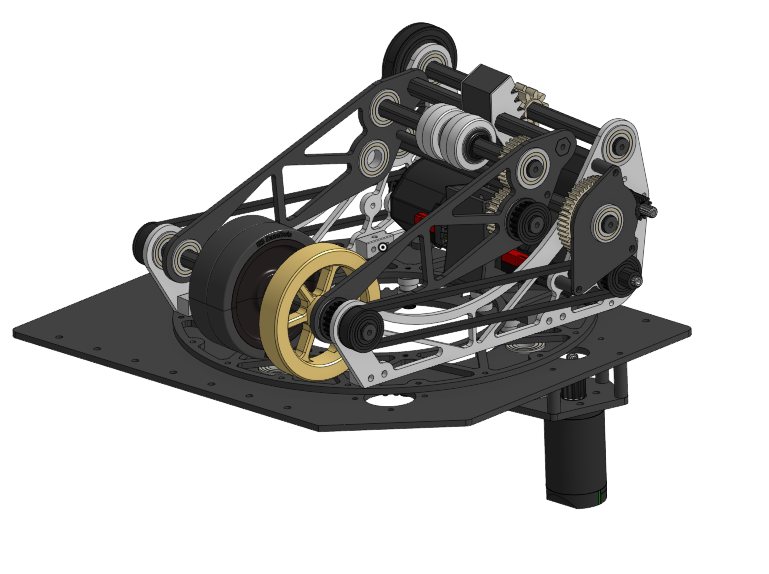 Daisy-Saurus shooter turret with dual-wheel flywheel system